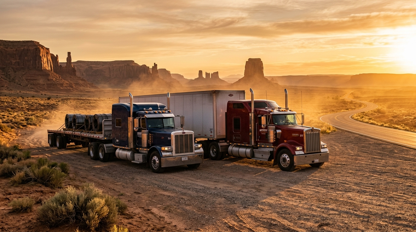 Deux camions face à face sur une route désertique au coucher du soleil, référence aux cascades spectaculaires du cinéma d'action