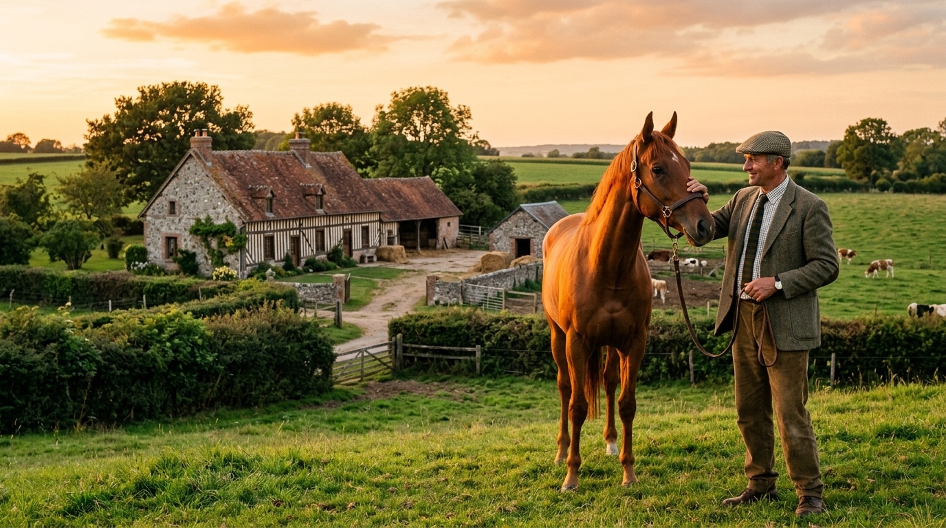 Fermier normand caressant un cheval dans un pré doré