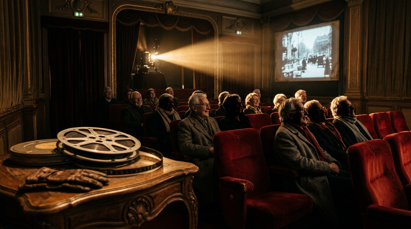 Salle de cinéma ancienne avec spectateurs nostalgiques