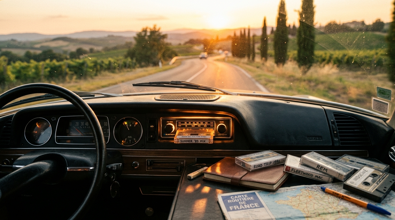 Vieille cassette audio allumée sur le tableau de bord d'une voiture en été