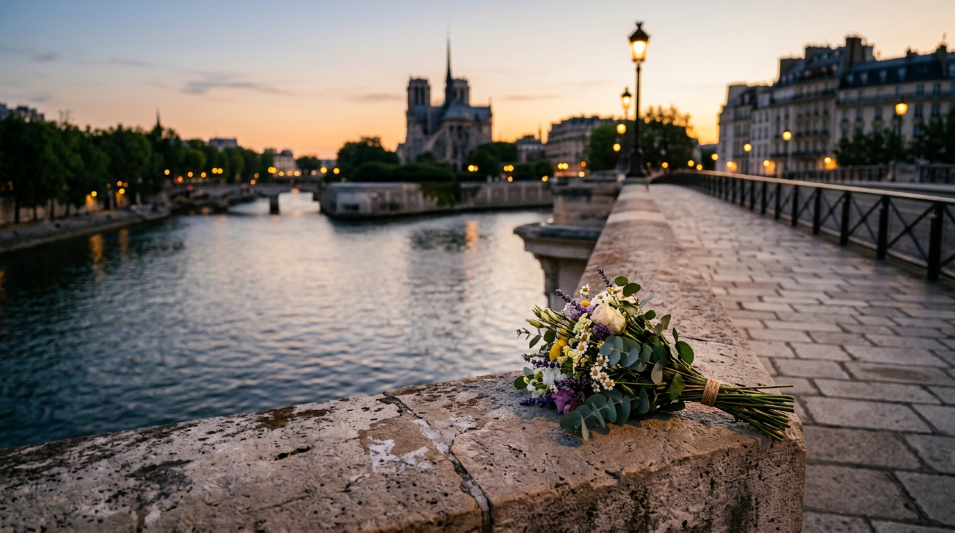Bouquet de fleurs sur un pont au-dessus de la Seine