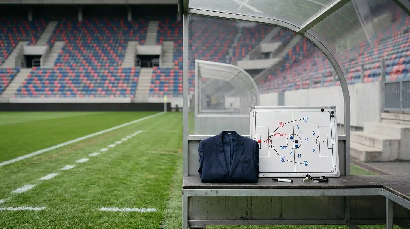 Blazer plié et tableau tactique sur un banc de touche
