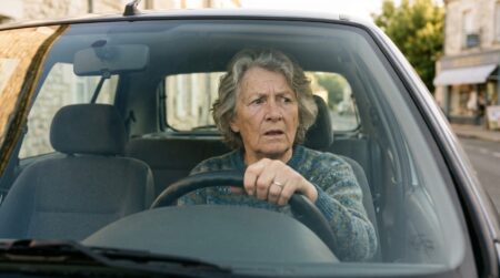 Retraitée au volant, visage confus et inquiet