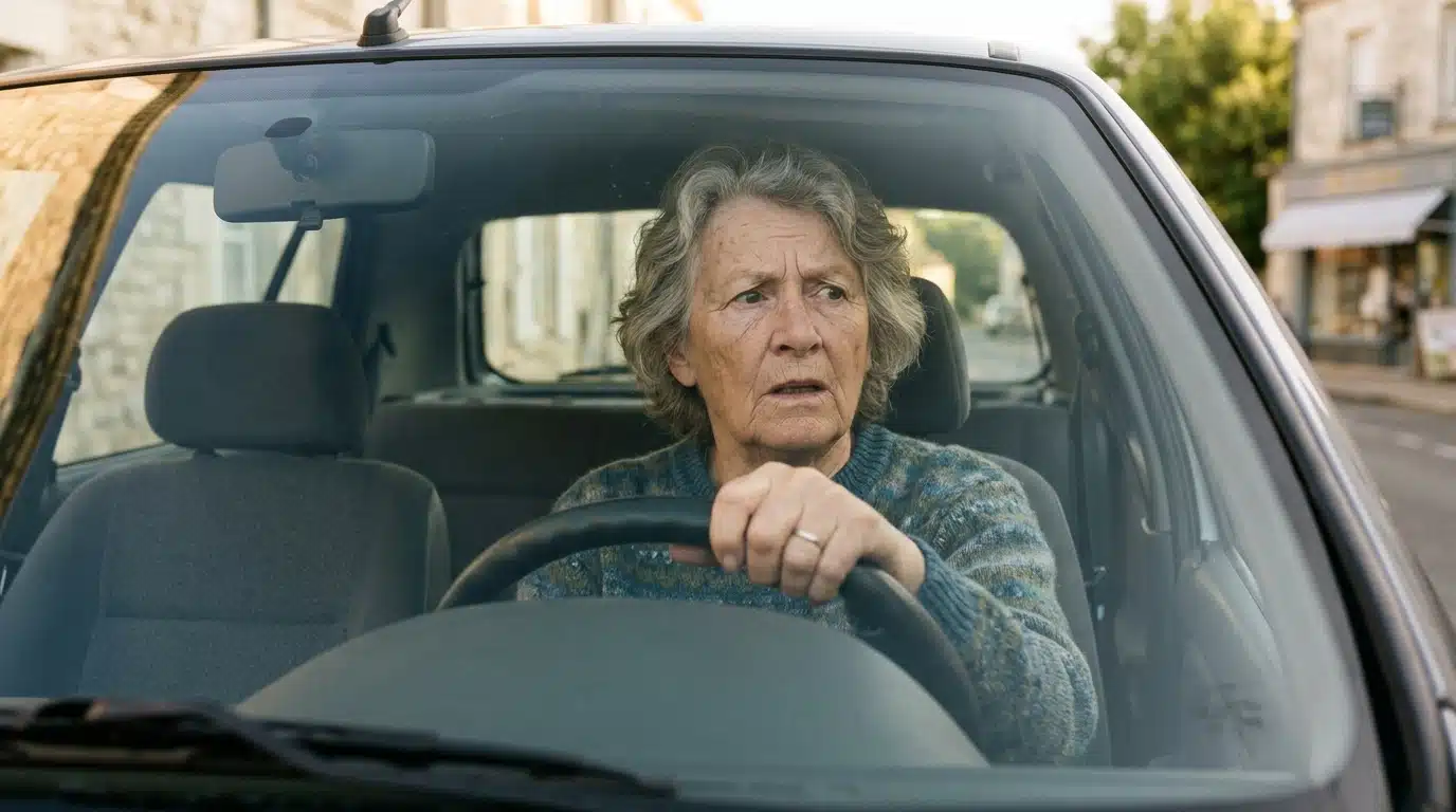 Retraitée au volant, visage confus et inquiet