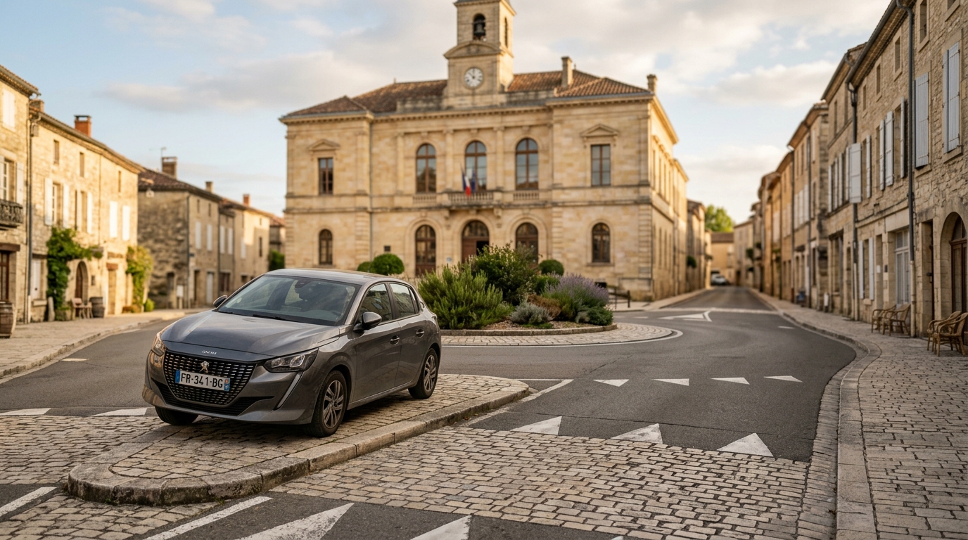 Voiture grise arrêtée à moitié sur le trottoir près d'un rond-point