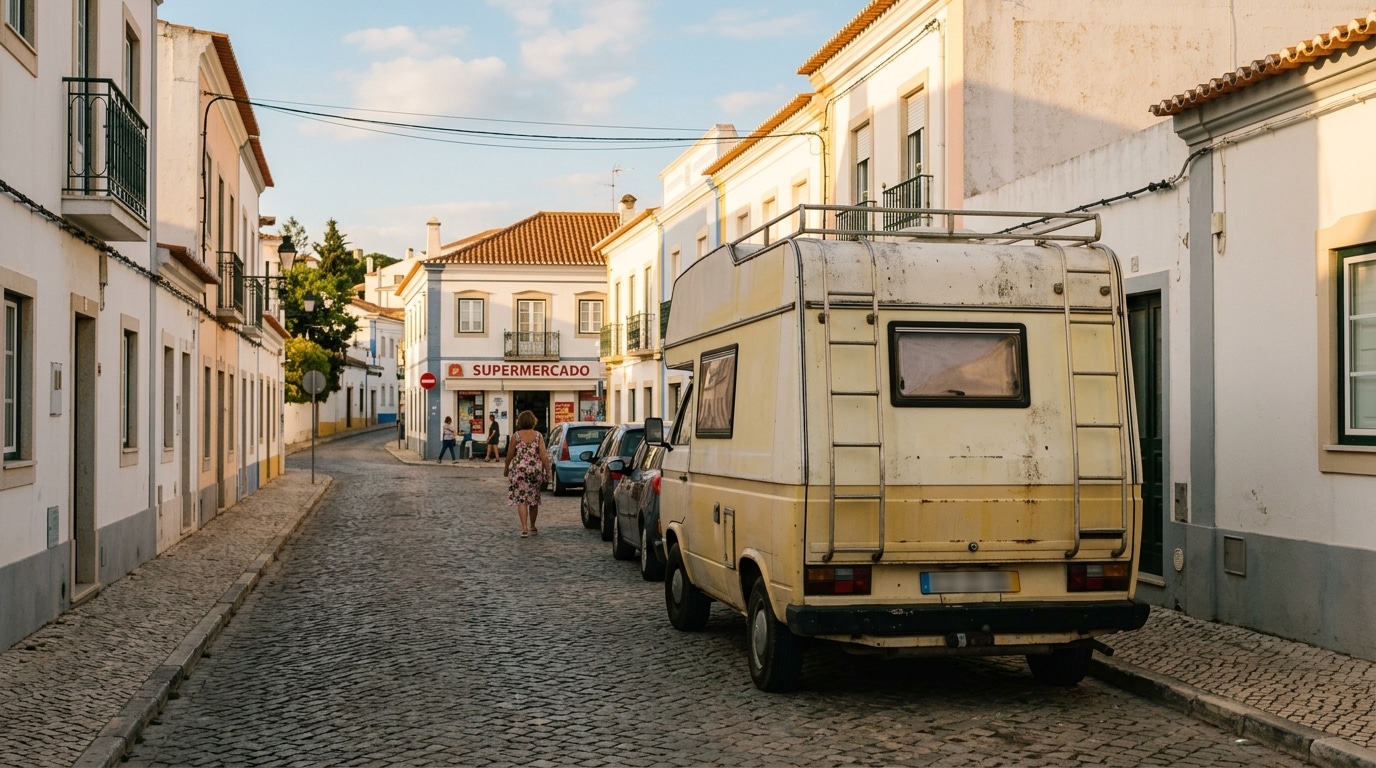 Van blanc et jaunâtre garé dans une rue du sud du Portugal
