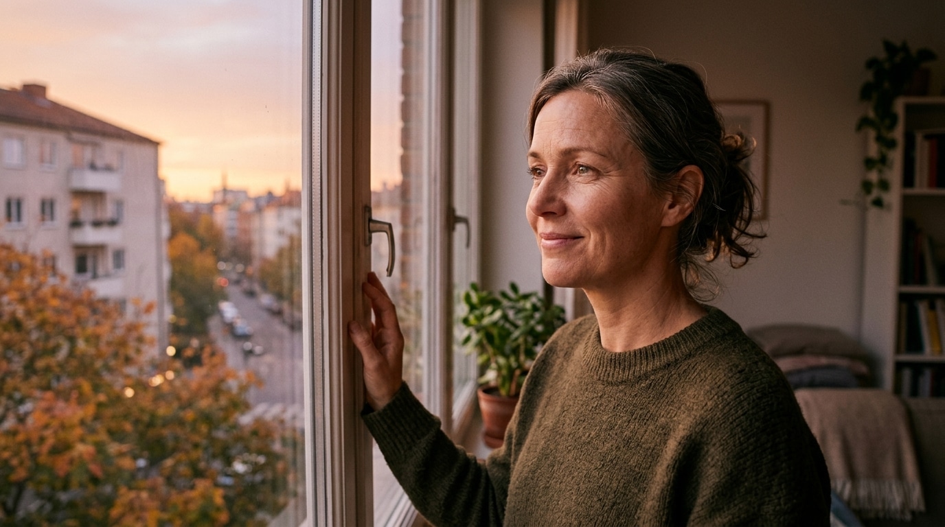 Personne apaisée devant une fenêtre au lever du soleil