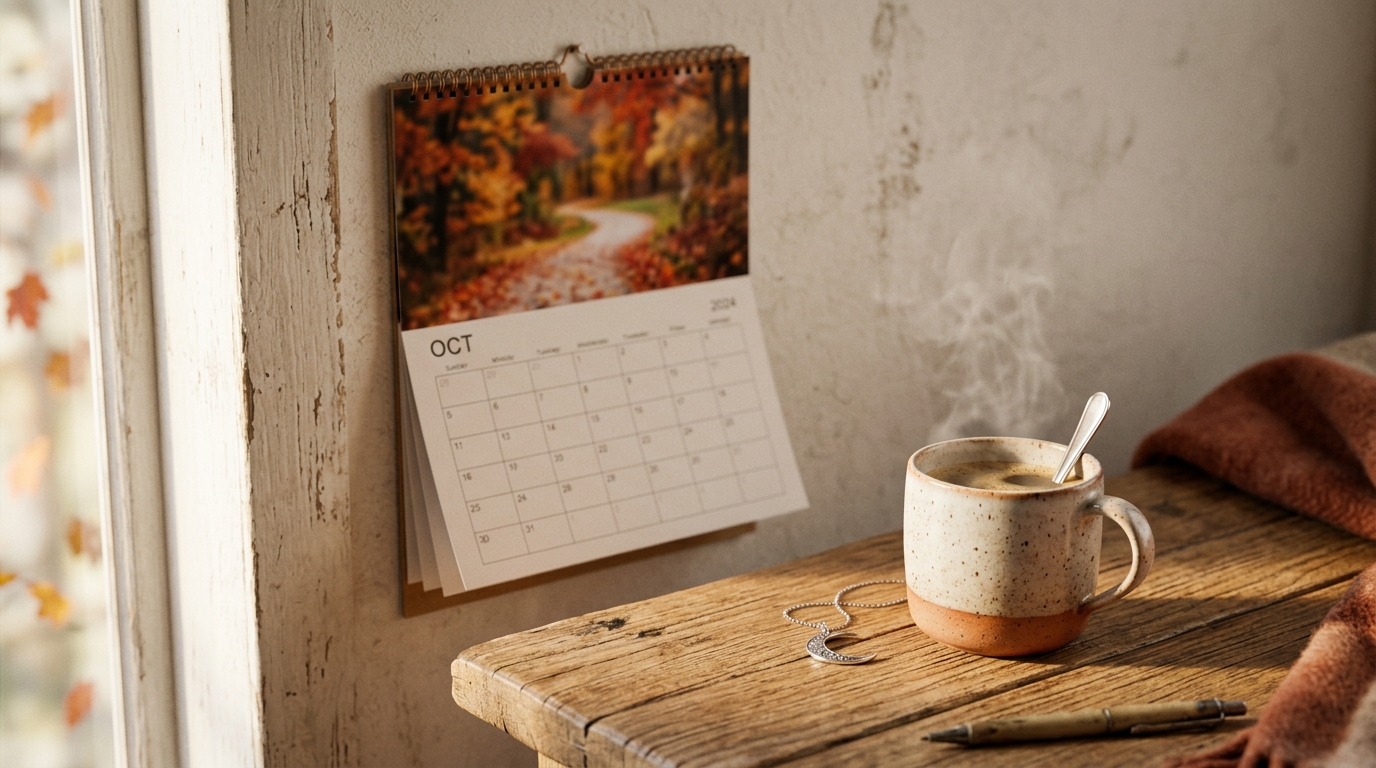 Calendrier tourné, tasse de café et petite lune décorative