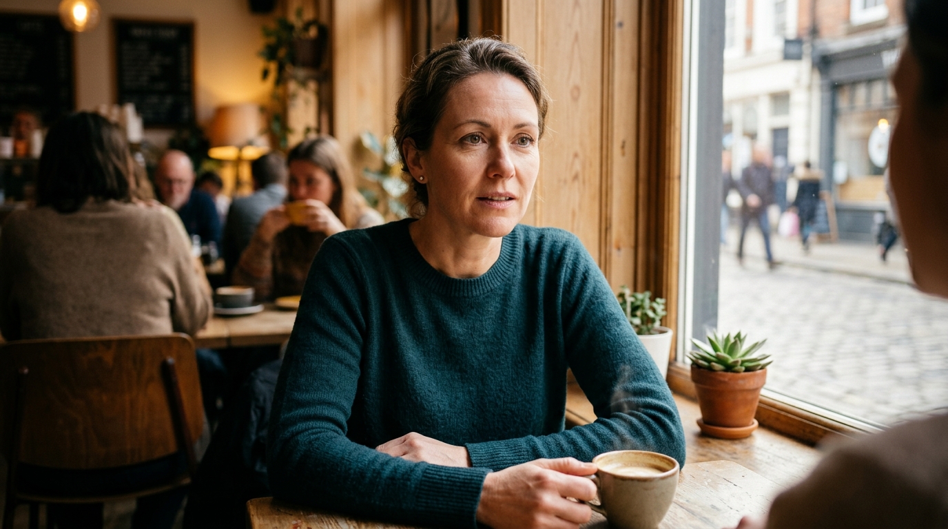 Personne au regard soulagé et déterminé dans un café