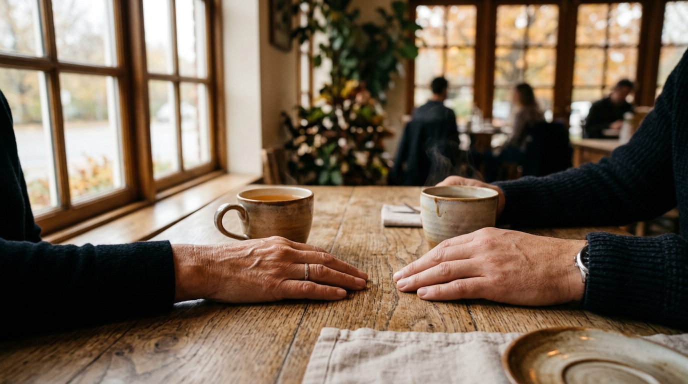 Deux mains autour de tasses de thé sur une table