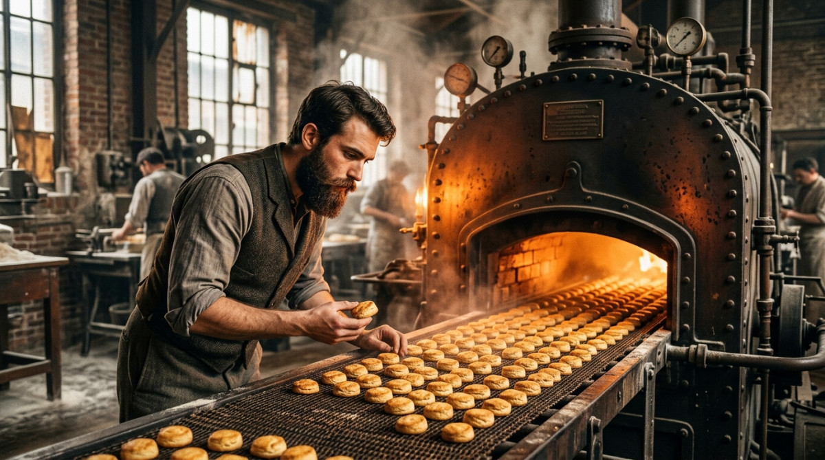 Jeune biscuitier du XIXe siècle devant des fours à vapeur à Nantes
