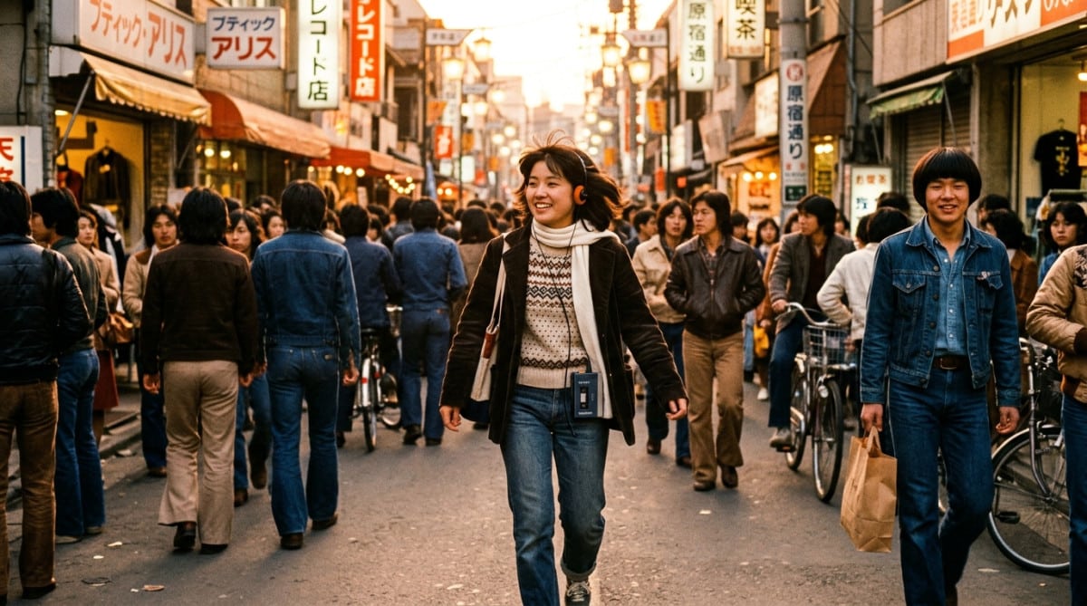 Jeune femme avec casque en mousse dans une rue de Tokyo