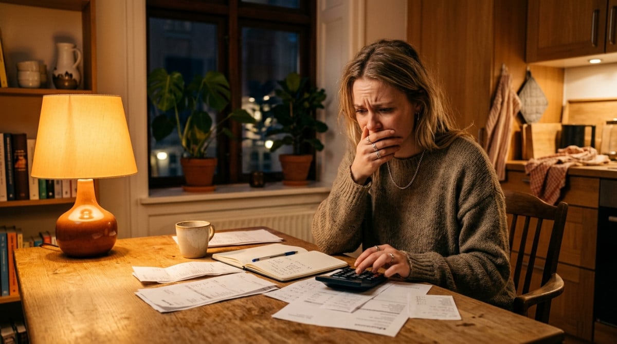 Jeune femme inquiète calculant ses factures de logement