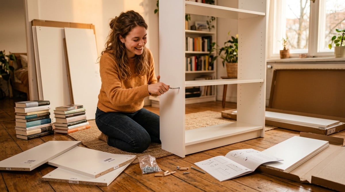 Jeune femme montant une grande bibliothèque blanche en kit