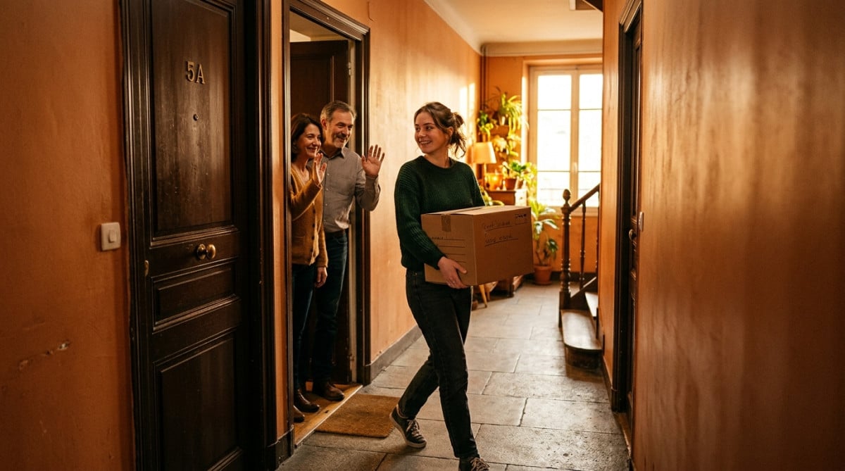 Jeune femme quittant le domicile familial avec un carton