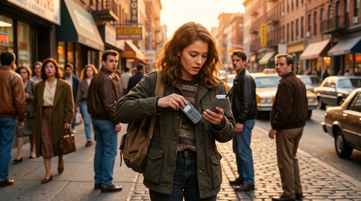 Jeune femme sortant un Nokia qui sonne dans la rue