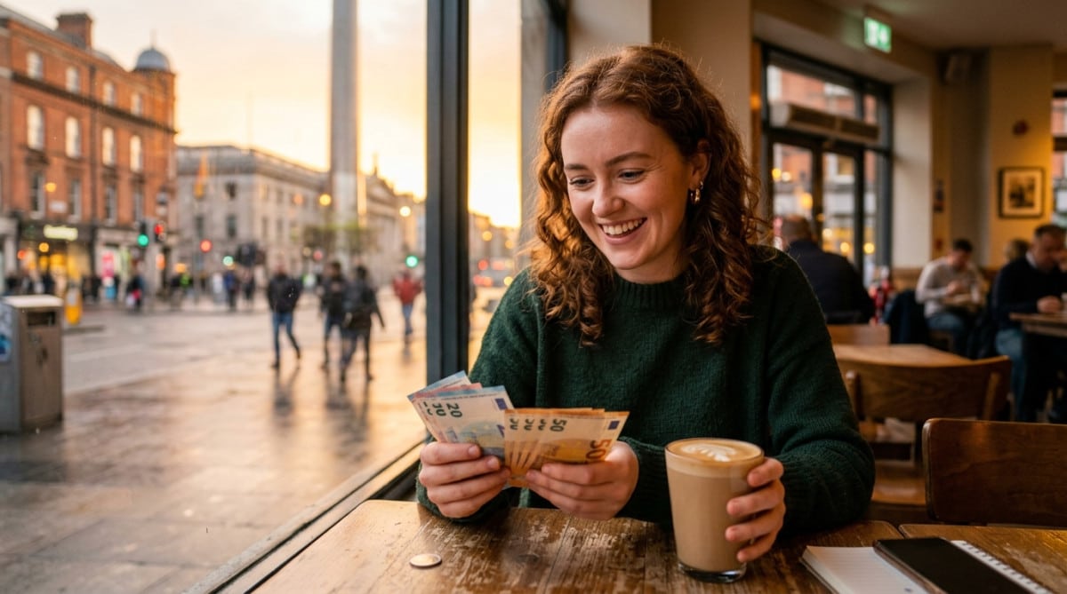 Jeune femme souriante comptant des billets dans un café