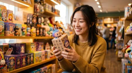 Jeune femme tenant une boîte surprise de figurine Labubu