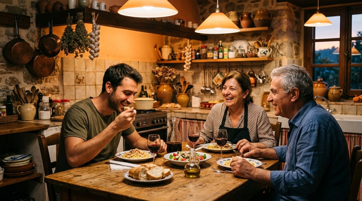 Jeune homme dînant avec ses parents dans une cuisine méditerranéenne