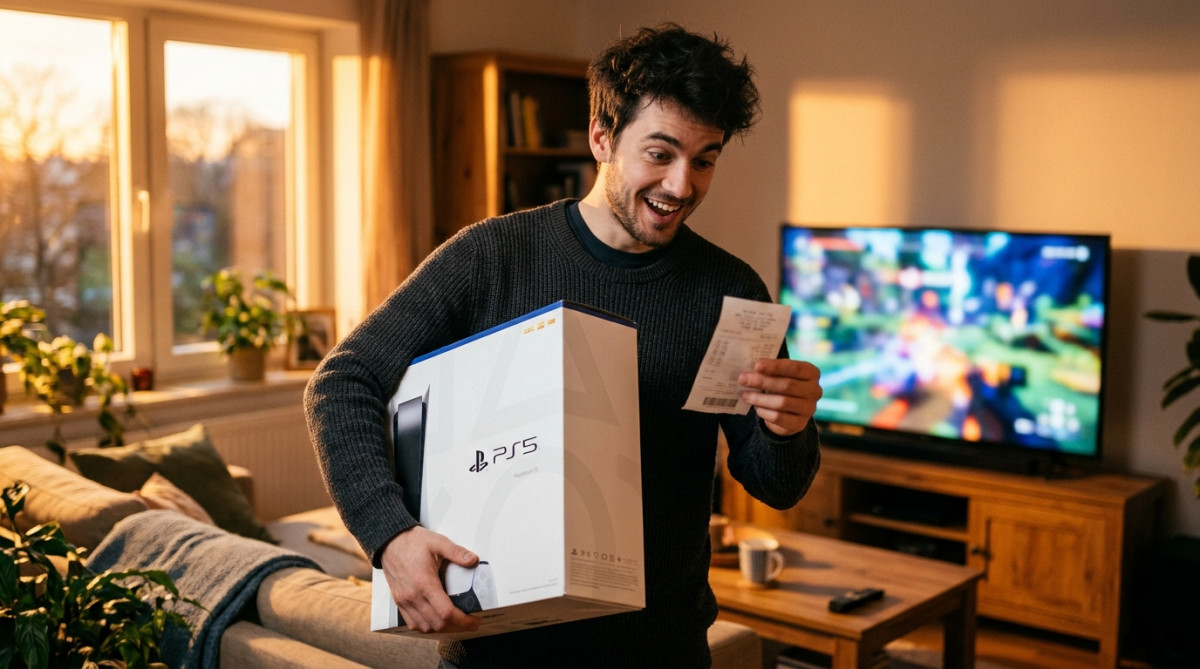 Jeune homme surpris avec une boîte de console PS5