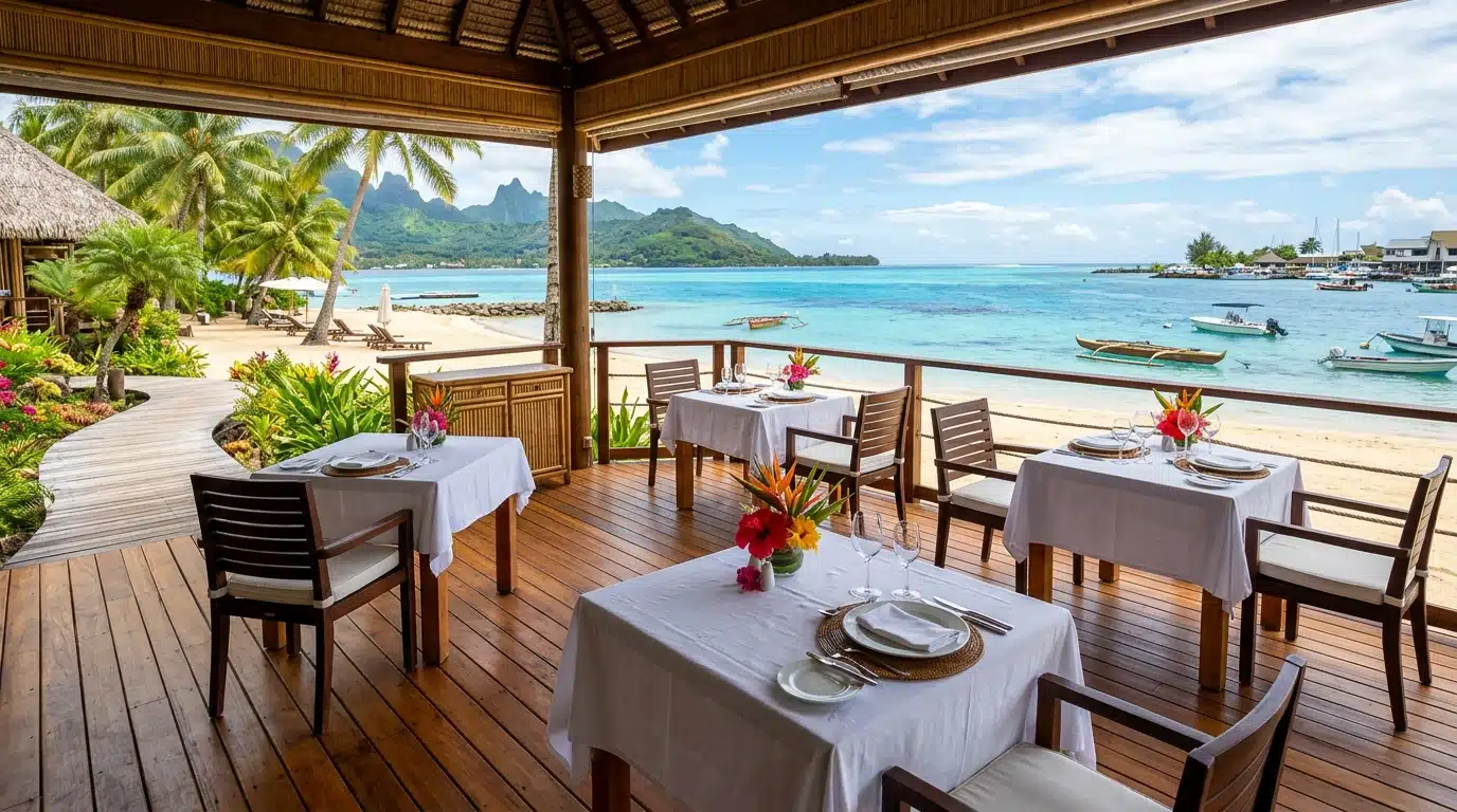 Terrasse d'un restaurant au bord du lagon à Papeete, à Tahiti, comme celui où Joe Dassin a déjeuné pour la dernière fois