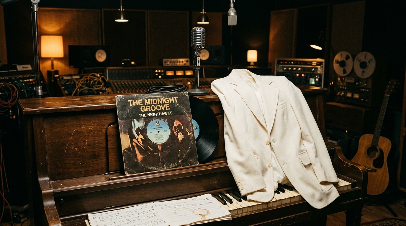 Ambiance de studio d'enregistrement des années 1970, vinyle et micro d'époque, en hommage au chanteur des Champs-Élysées