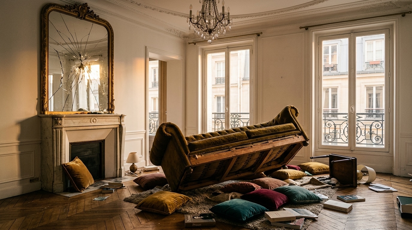 Salon d'un chic appartement parisien en pleine pagaille, comme après un tremblement de terre
