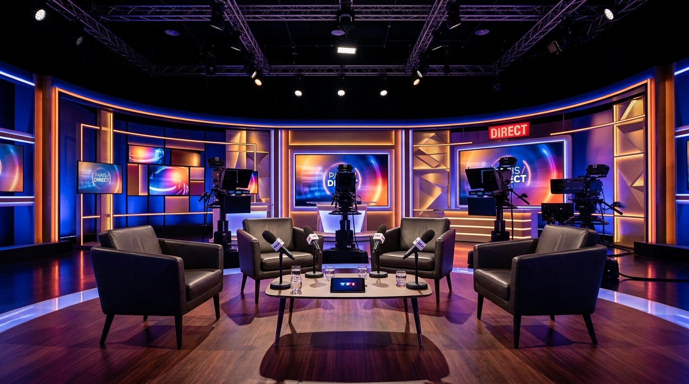 Plateau de télévision d'une émission people, fauteuils vides et lumières de studio
