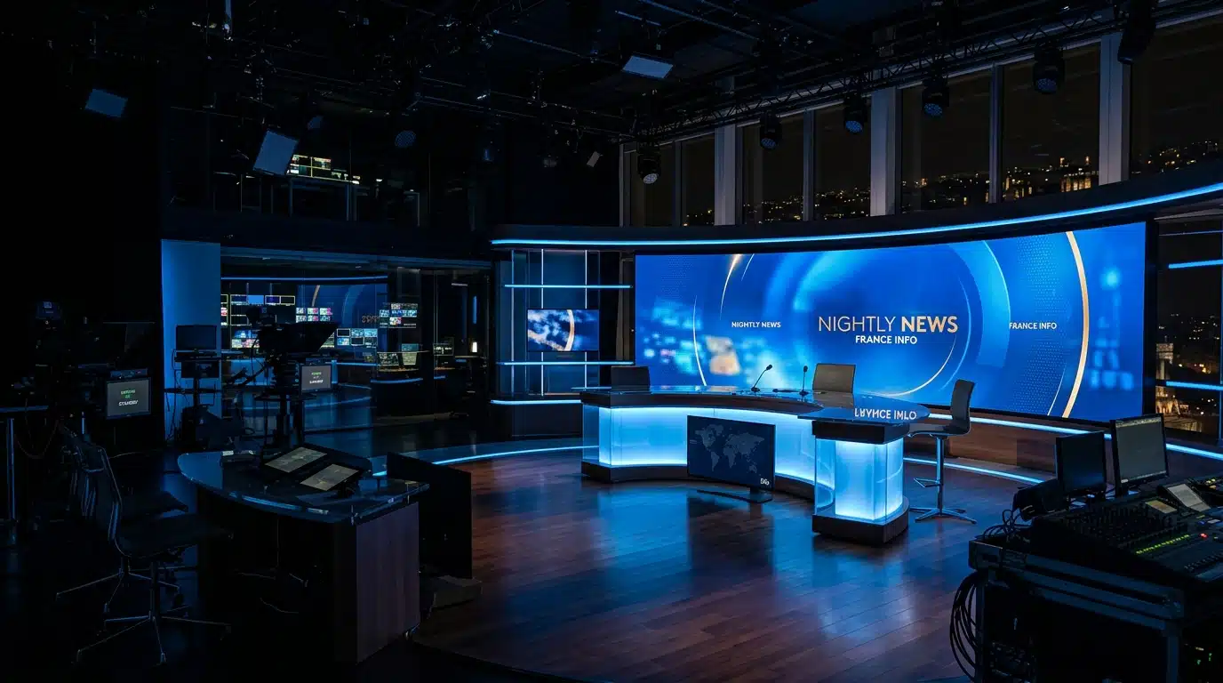 Plateau télé vide d'un journal de 20 heures, théâtre des interventions médiatiques de la personnalité