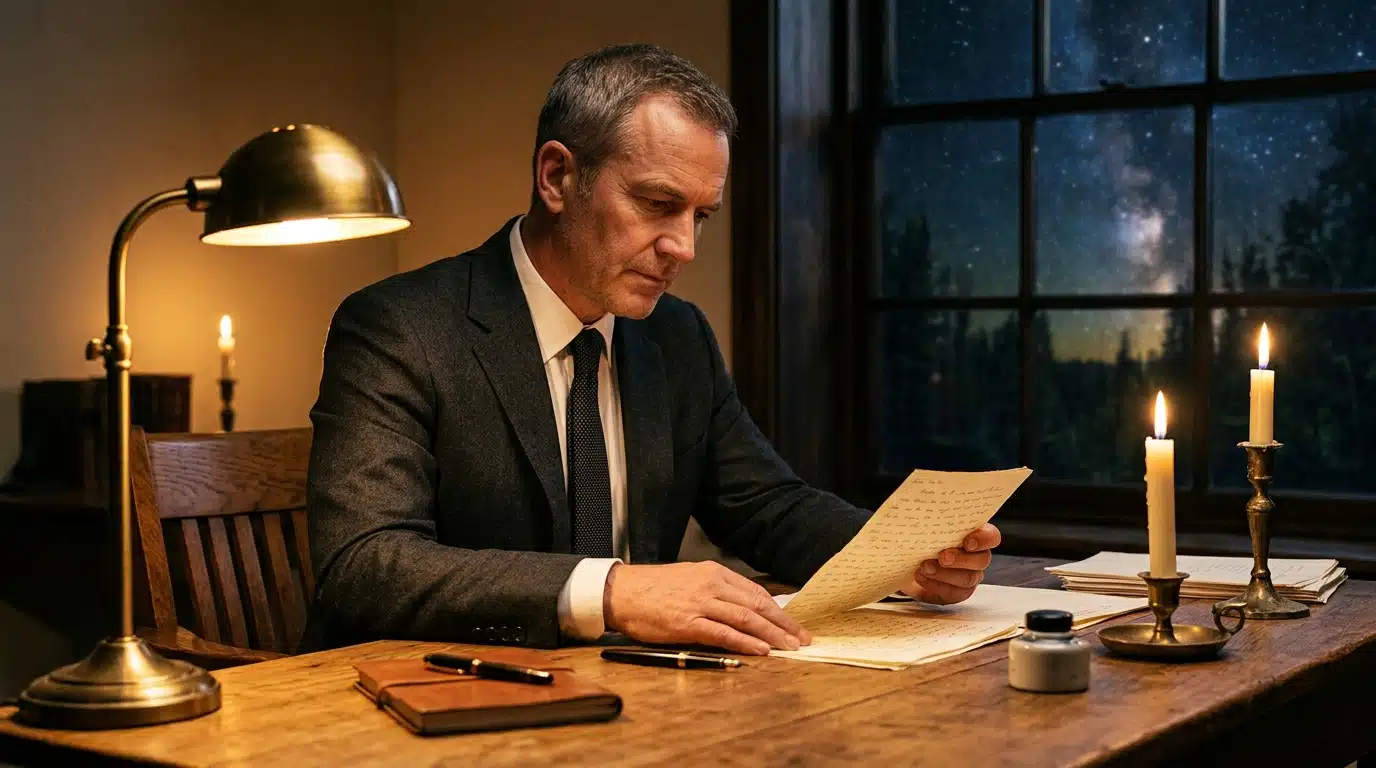 Homme en costume préparant ses notes dans une ambiance mystique aux bougies