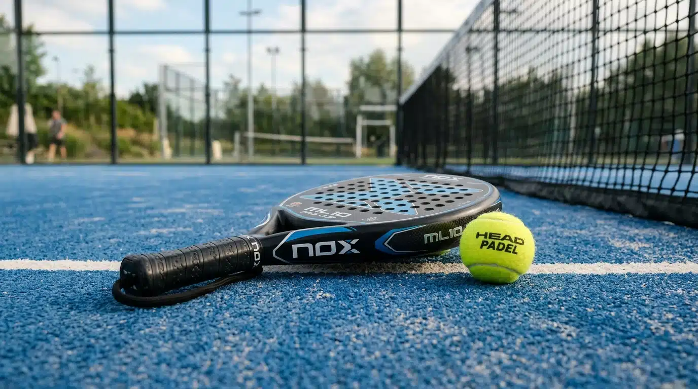 Raquette de padel et balle jaune sur un court