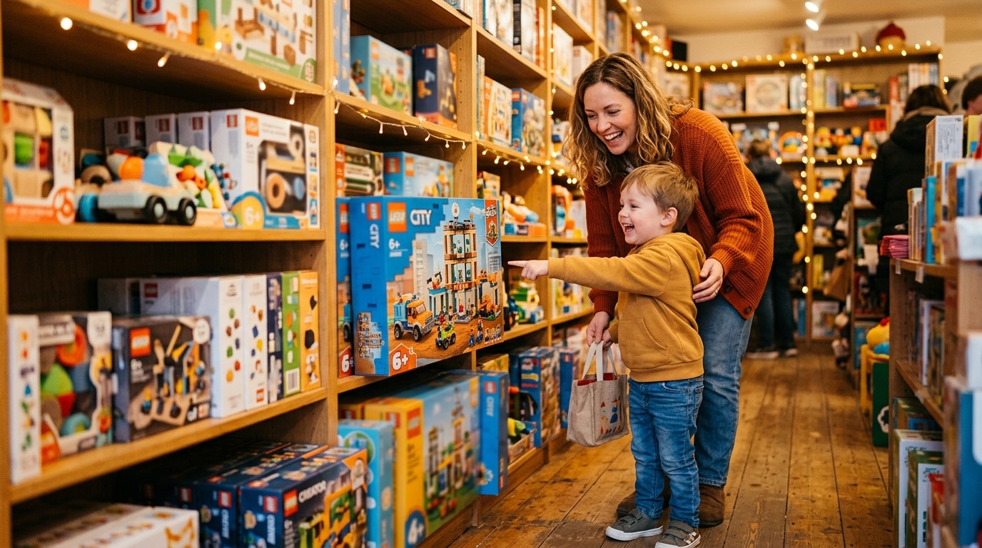 Mère et enfant devant un rayon de jouets pendant les vacances