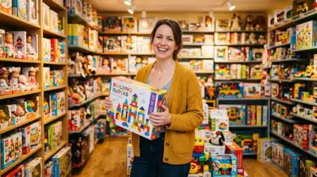 Mère souriante dans un rayon jouets de magasin
