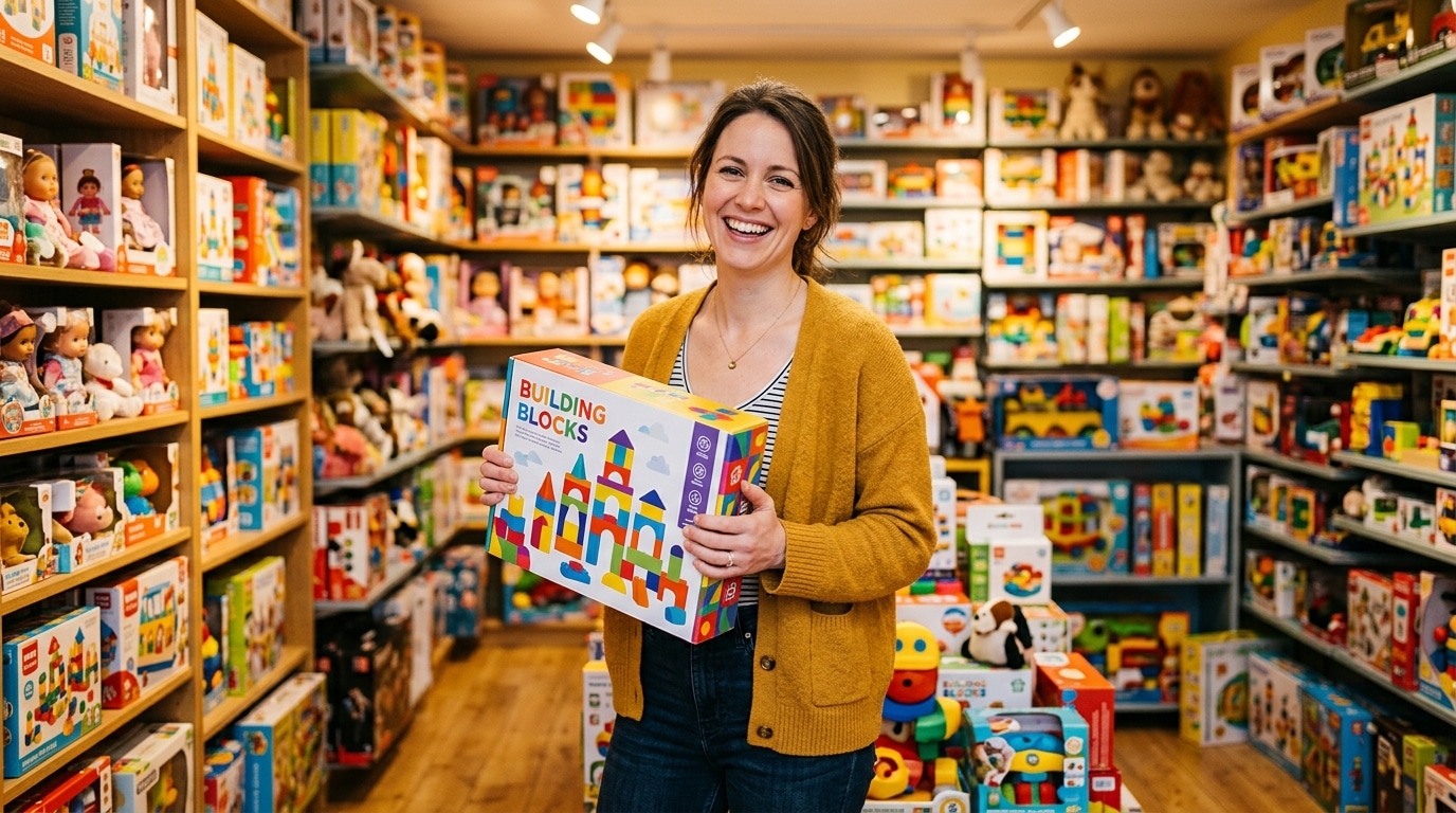 Mère souriante dans un rayon jouets de magasin