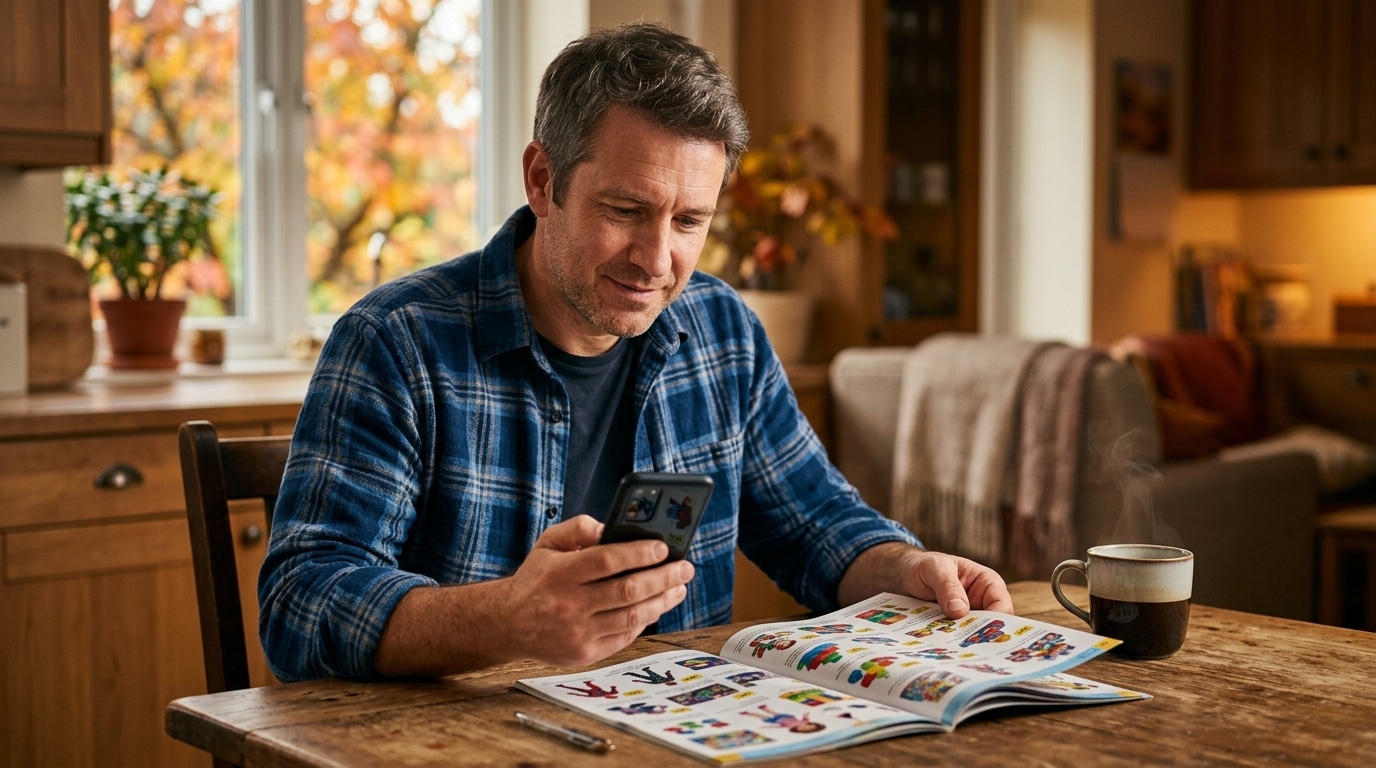 Père comparant les prix de jouets sur son téléphone