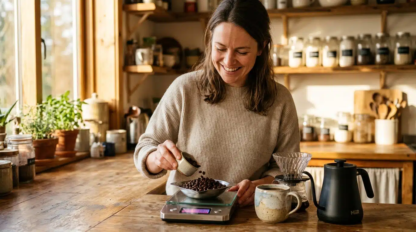 Femme pesant des grains de café sur une balance