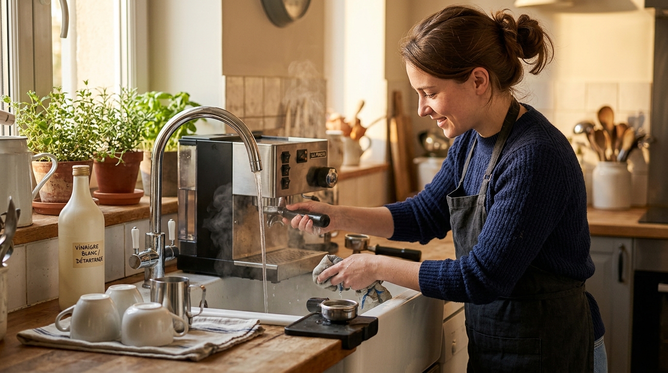 Femme nettoyant et détartrant sa machine à café