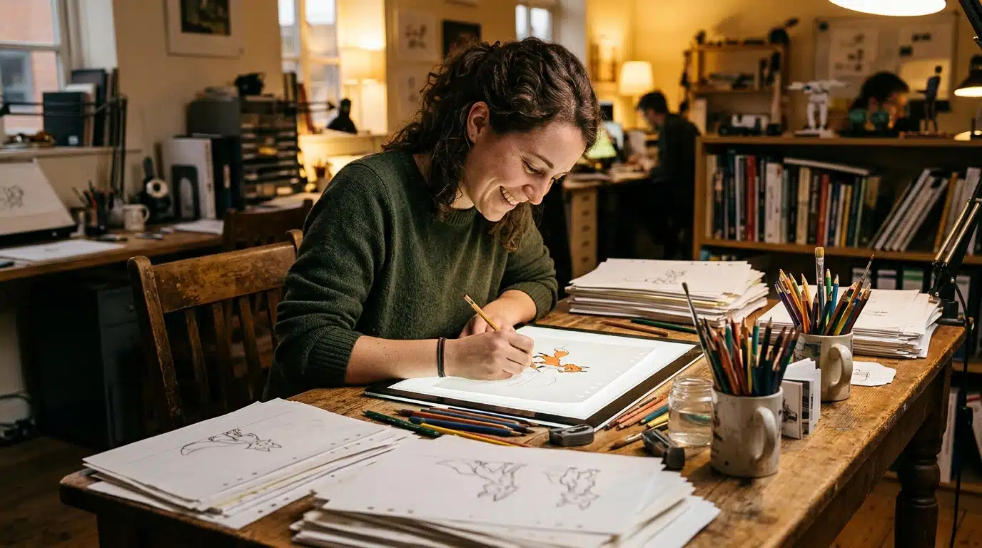 Animateur dessinant un personnage dans son studio
