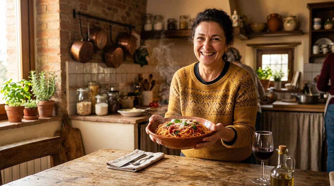 Femme souriante avec un bol de spaghettis fumants