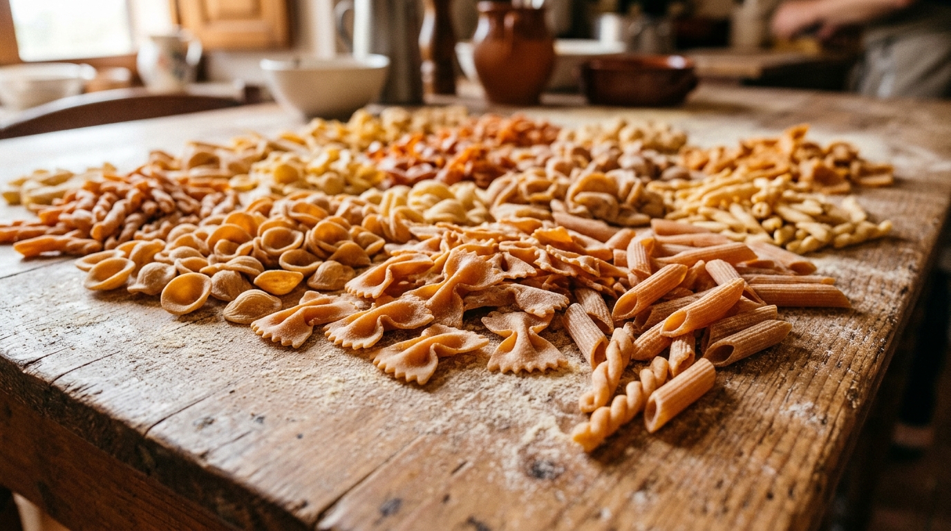 Assortiment de formes de pâtes sur une table en bois