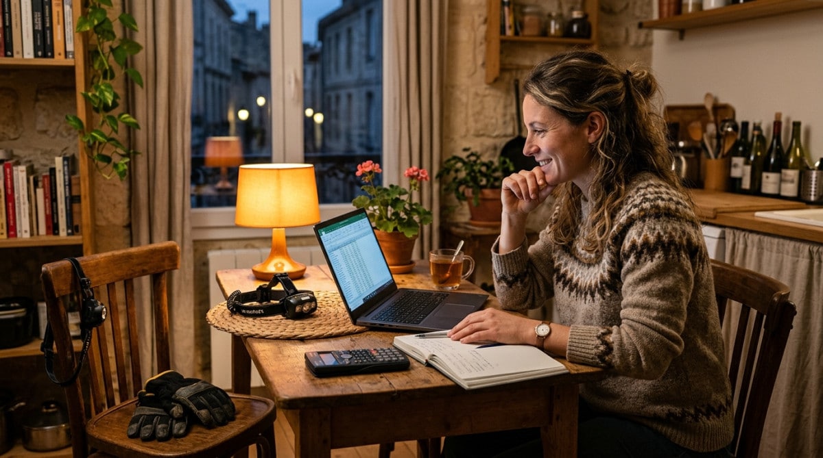 Julie faisant ses comptes à la table de sa cuisine