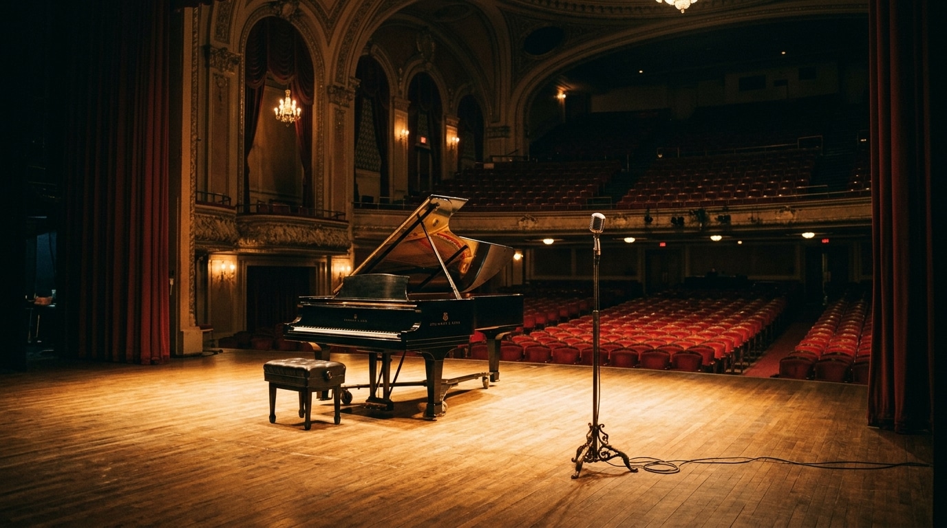 Scène de concert vide avec un piano à queue et un micro sous les projecteurs, évoquant la tournée Une vie de Julien Clerc