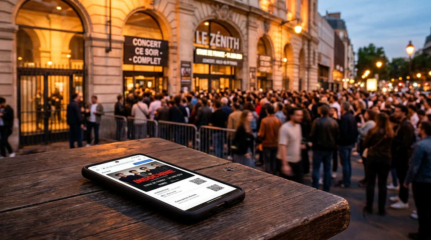 Smartphone affichant une page de réservation de billets devant l'entrée d'une salle de concert