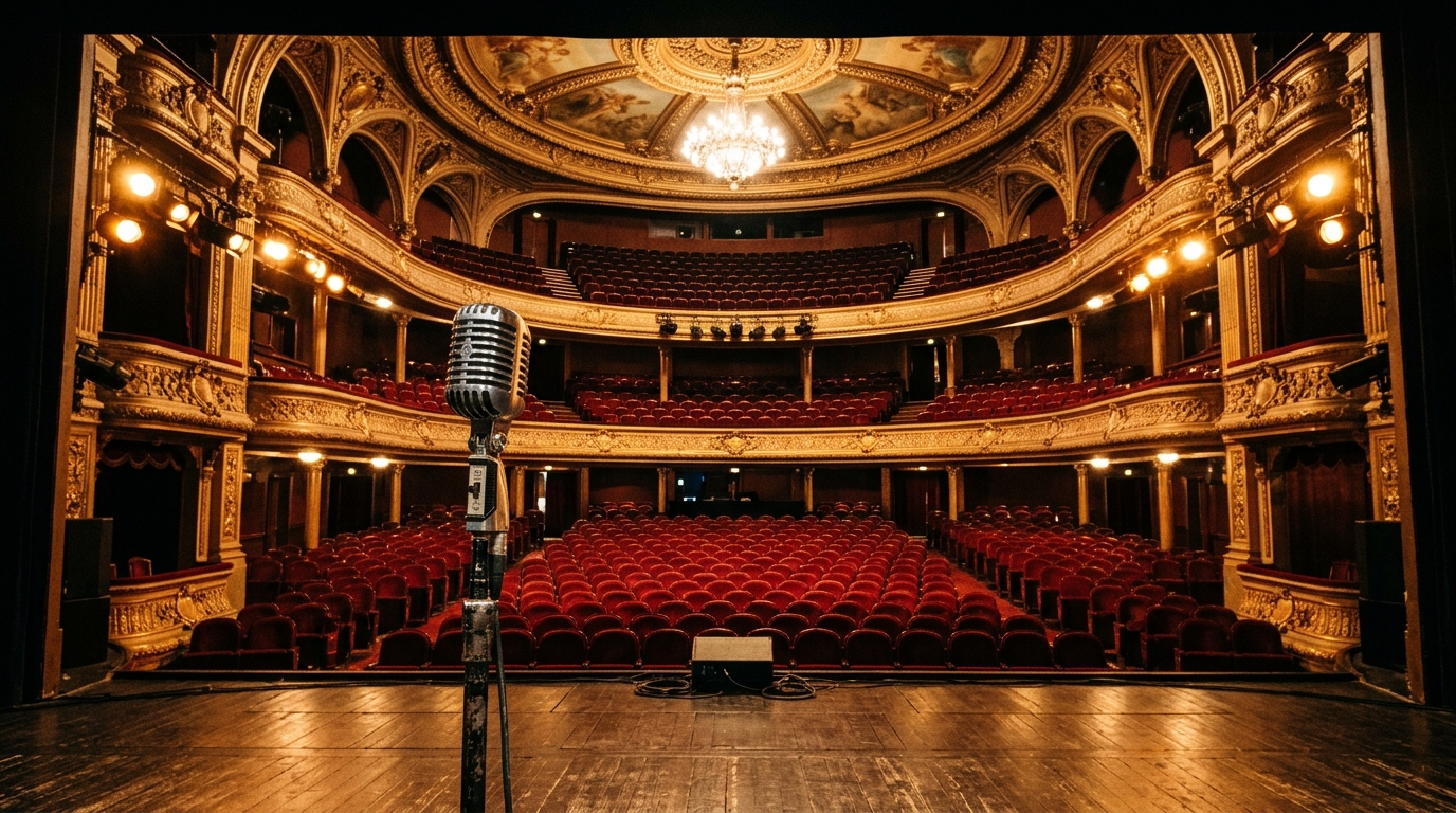 Salle de concert illuminée de lumières dorées avec un micro au premier plan