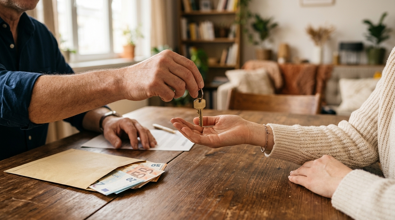 Mains échangeant une clé et une enveloppe de billets