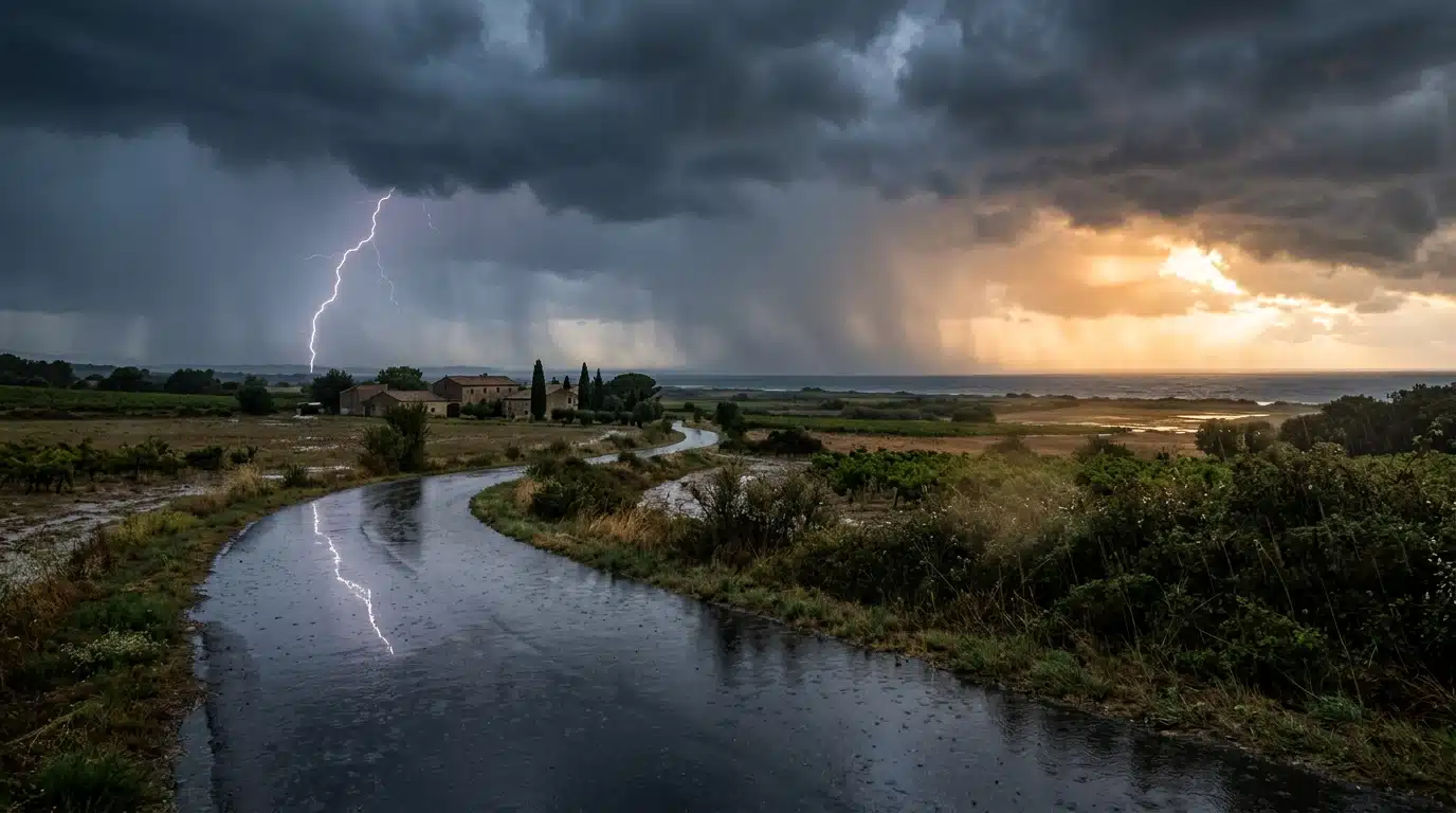 Ciel d'orage menaçant sur une plaine méditerranéenne
