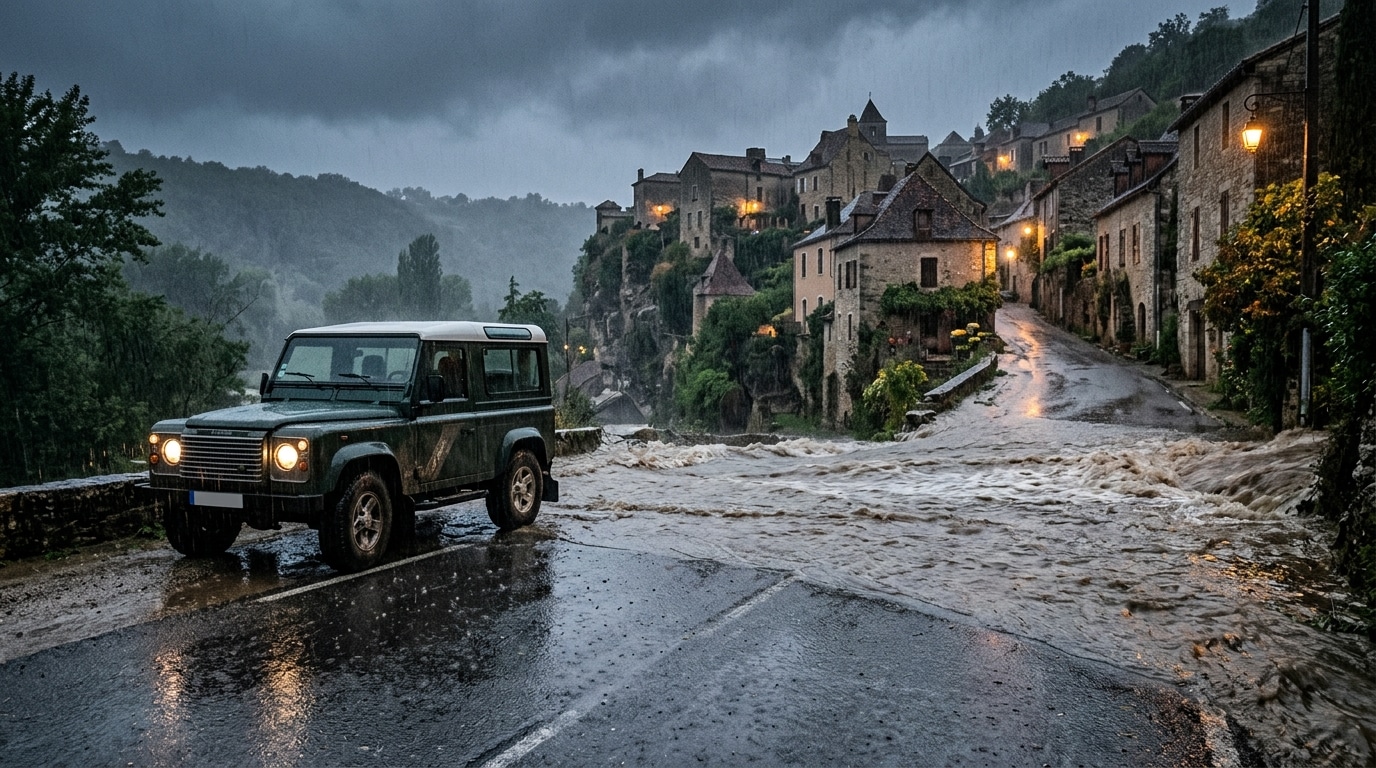 Route inondée sous la pluie avec voiture arrêtée