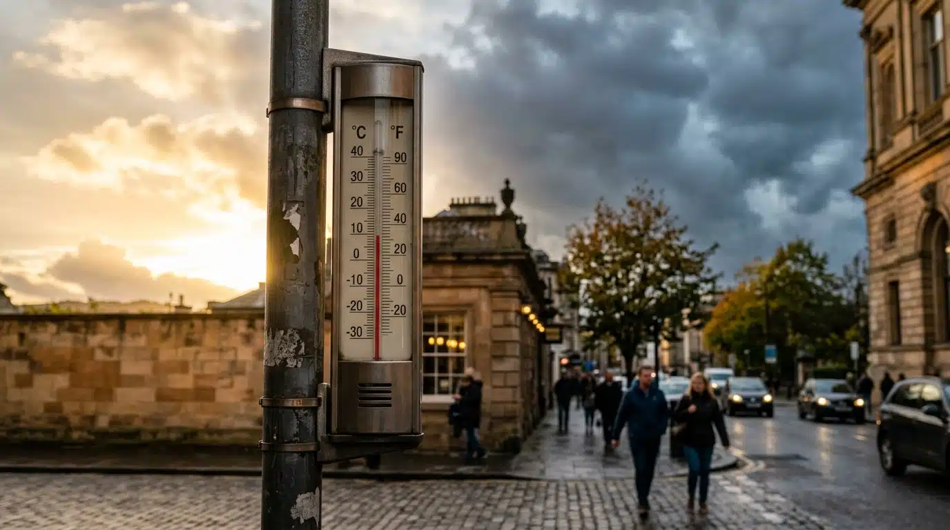 Thermomètre de rue sous un ciel mi-doré mi-gris