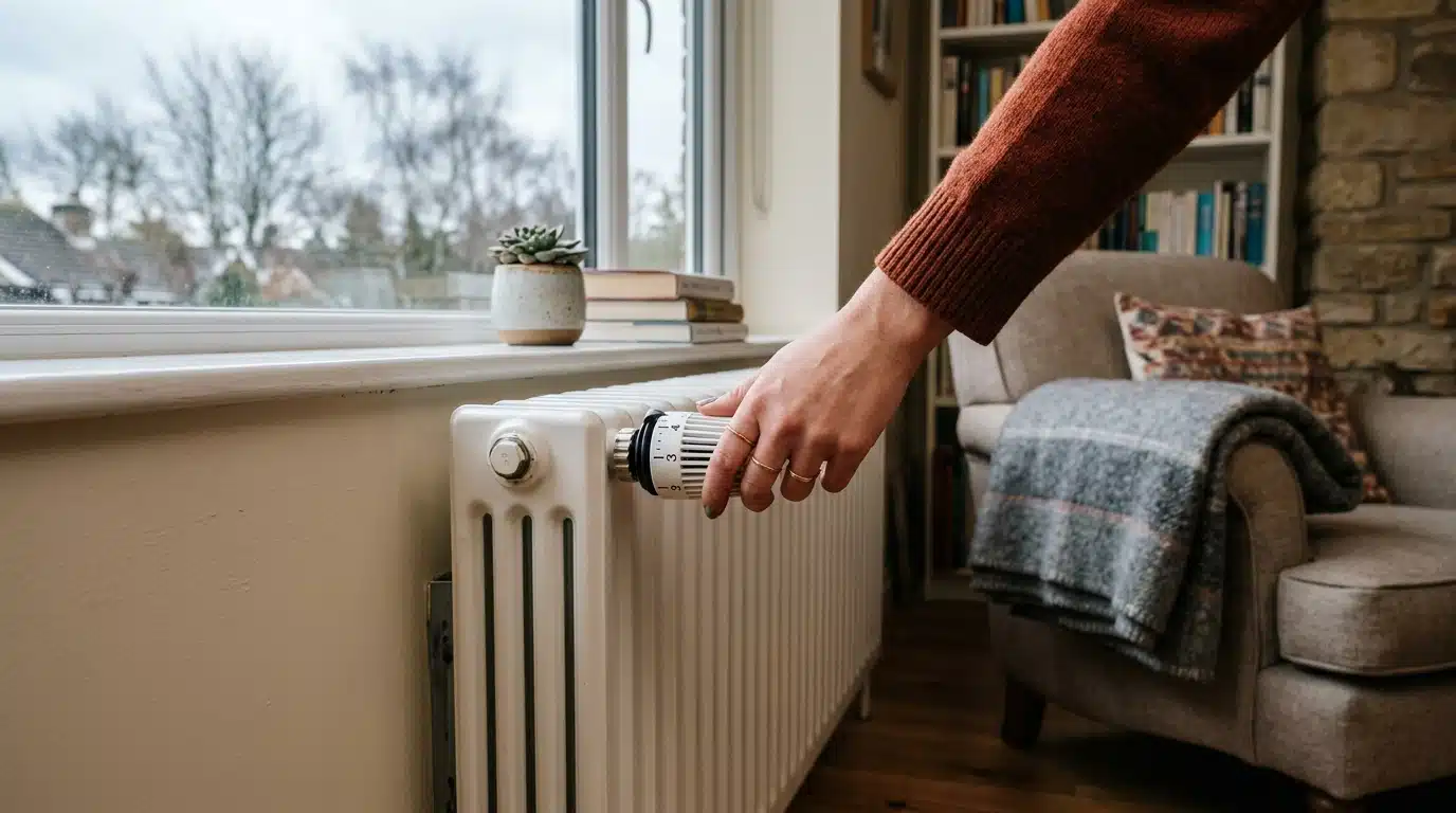 Main réglant le thermostat d'un radiateur dans un salon
