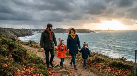 Famille en manteaux sur un sentier breton sous la pluie